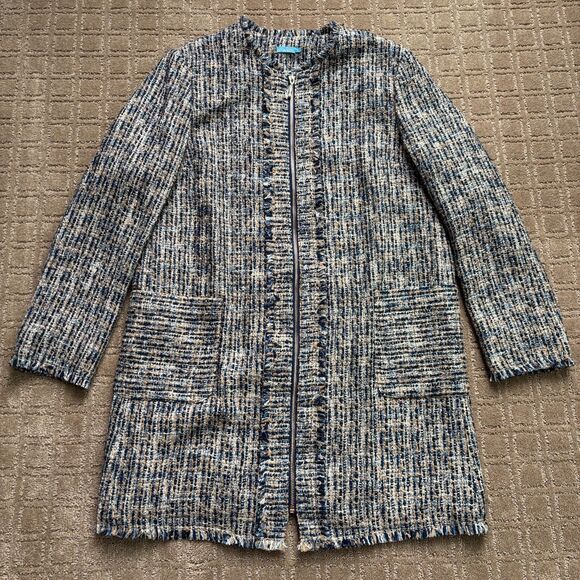 J. McLaughlin Tweed Coat Jacket Women's L Blue Tan Zip Up Preppy Frayed Trim - Picture 2 of 8